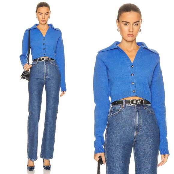 Nanushka Sweaters - Nanushka NEW Josi Spread Collar Merino Wool V Neck Crop Cardigan in Blue Size XS